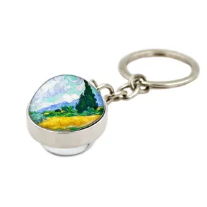 Artistic Van Gogh Wheat Field with Cypresses oil painting glass gem silver keychain