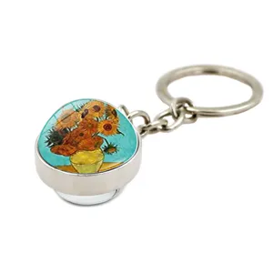 Artistic Vincent van Gogh Sunflowers oil painting glass dome keychain with silver metal ring