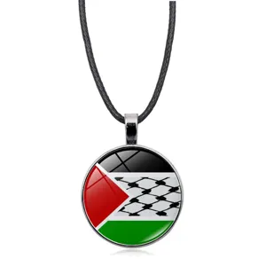 Palästina Flagge runde Glaskuppel Anhänger Halskette mit schwarzer Stoffkordel Design