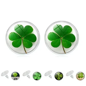 Fashion Lucky Four-Leaf Clover Glass Time Gem Stud Earrings For Women Silver Color Alloy Shamrock Inlaid Jewelry Gift