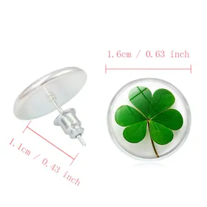 Silver-tone four-leaf clover stud earrings with 1.6cm glass dome and 1.1cm pin detail