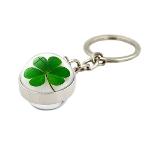 Lucky green four-leaf clover keychain with crystal ball pendant and silver metal ring