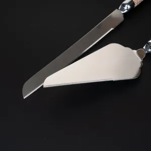 Detailed macro view of the serrated edges on a stainless steel cake knife and server set