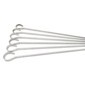Stainless steel flat BBQ skewers detail shot showing clean metal finish and curved hook handle.