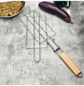Cestello per barbecue pieghevole in acciaio inossidabile con manico in legno per campeggio.