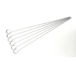 Stainless steel barbecue skewers detail, durable roasting sticks with convenient hook handles.