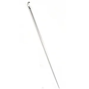 Stainless steel flat barbecue skewer with looped handle for outdoor grilling and meat roasting tools.