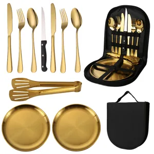 Portable Stainless Steel Tableware Set For Outdoor Camping Picnic BBQ Travel Dinnerware Set Flatware With Storage Bag
