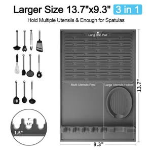 Große 13,7x9,3 Silikon-Löffelablage mit 3-in-1-Design für Grillwerkzeuge und Pfannenwender.