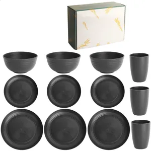 Black wheat straw tableware set 12-piece dinnerware bowls plates cups for kitchen dining.