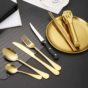 Gold stainless steel cutlery set portable tableware fork spoon knife camping tool