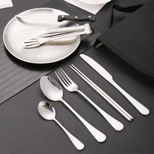 Portable stainless steel outdoor tableware set camping cutlery kit with storage bag plates.