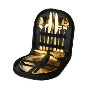 Portable outdoor stainless steel golden tableware set with storage bag cutlery kit plate