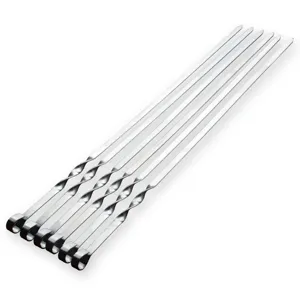 Detail view of 60cm stainless steel BBQ skewers with flat blades and twisted handles