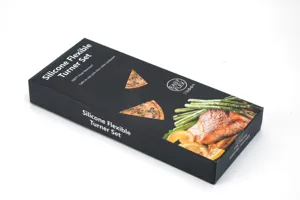 Silicone flexible turner set packaging box detail showing heat resistance and non-stick compatibility.