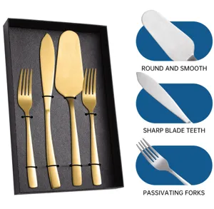 Goldenes Edelstahl Kuchenmesser Spatel und Kuchengabeln Set in eleganter Geschenkbox