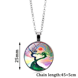 Elegante 25 mm Lebensbaum Glaskabochon-Anhänger Halskette mit 45+5 cm silberner Kette