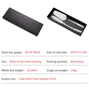 Edelstahl Hochzeit Torte Messer und Spatel Set in edler schwarzer Box mit genauen Maßen.