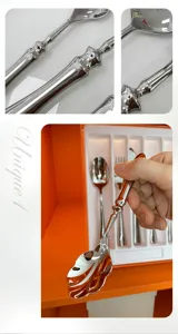 Close-up detail of luxury stainless steel spoon with unique gourd handle design