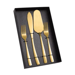 Elegantes mattgoldenes Edelstahl Kuchenmesser Heber und Kaffeegabeln Geschenkset.
