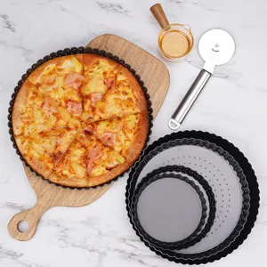 Juego de moldes para pizza antiadherentes de acero al carbono con fondo perforado y bordes ondulados