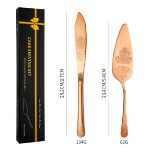 Embossed rose gold stainless steel cake server set with detailed dimensions and gift box