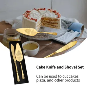 European Vintage Embossed Stainless Steel Cake Server Knife Set 2PCS Gold Silver Black Wedding Birthday Cake Cutting Tools With Gift Box
