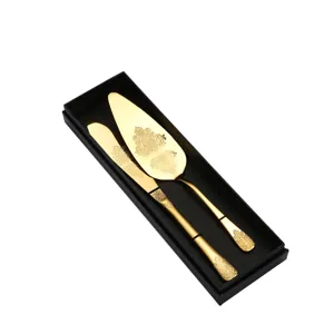 Elegant gold embossed stainless steel cake server and knife set in black gift box