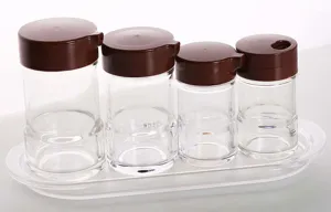 Transparent acrylic condiment bottle set with brown lids for oil and vinegar storage