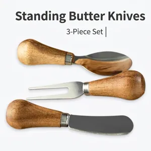 3-piece wooden handle butter knife set including cheese fork and jam spoon for kitchen
