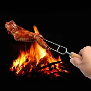 U-Förmige Doppelzinken Grillspieße Aus Edelstahl Mit Hitzebeständigem Holzgriff Outdoor Grillgabel Fleisch Geflügel Röstwerkzeug