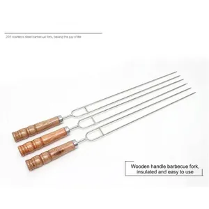 3er-Set Edelstahl-U-Grillgabeln mit wärmeisolierten Holzgriffen für Barbecue.