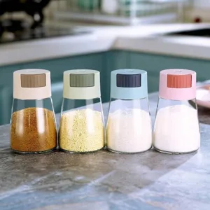 Set of 4 glass quantitative salt dispensers with 0.5g precise press seasoning jar caps
