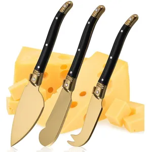 Titanbeschichtetes Gold Edelstahl Käsemesser Butterstreicher Gabelspitze Geschirr Mit Schwarzem Kunststoffgriff Zum Backen