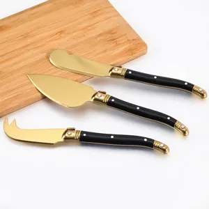 3-teiliges Käsemesser-Set aus goldfarbenem Titan-Edelstahl mit schwarzen Griffen