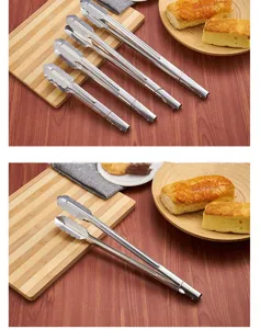 Vue détaillée de différentes tailles de pinces alimentaires en inox pour barbecue et pâtisserie