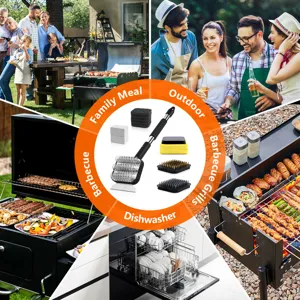 Kit pulizia barbecue multifunzionale con scenari d'uso e varie testine di spazzola