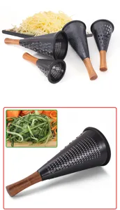 Detail of black conical stainless steel grater with ergonomic wooden handle