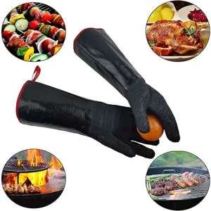 Μακριά μαύρα γάντια BBQ από νεοπρένιο ανθεκτικά στη θερμότητα με αντιολισθητική λαβή