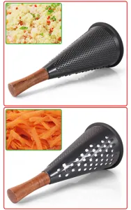Close-up of conical stainless steel grater showing fine and coarse shredding sides