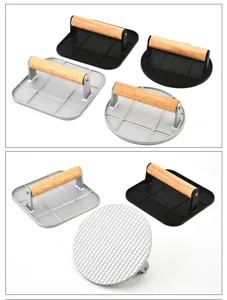 Detailed view of alloy burger presses with wooden handles in round and square shapes