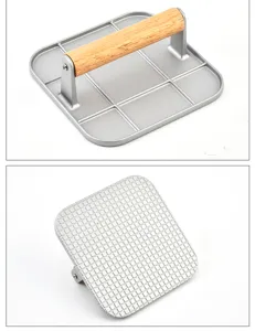 Close-up detailed views showing the top handle and grid bottom of a wooden meat press tool