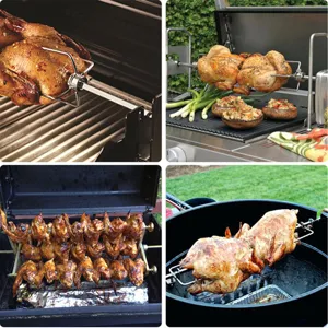 Universal stainless steel rotisserie grill fork set for roasting whole chicken and wings on BBQ