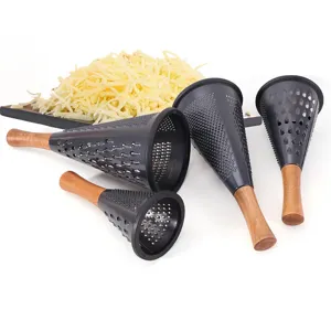 Set of four black stainless steel cone cheese graters with wooden handles for kitchen use
