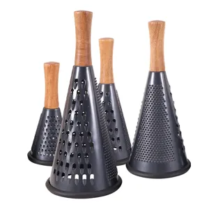 Set of four conical stainless steel cheese graters with ergonomic wooden handles