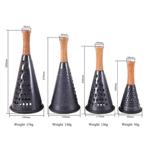 Set of 4 conical stainless steel cheese graters with wooden handles and dimensions