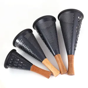 Set of four black stainless steel conical cheese graters with elegant wooden handles