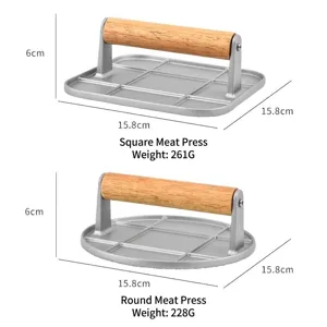 Professional alloy burger meat press with ergonomic wooden handle for steaks and patties
