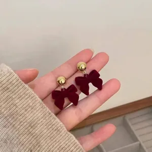 Vintage Black Flocked Bowknot Flower Stud Earrings For Women French Niche Design Autumn Winter Elegant Copper Post Earrings Jewelry