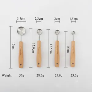 Detailed size and weight specifications for stainless steel measuring spoons with wood handles.